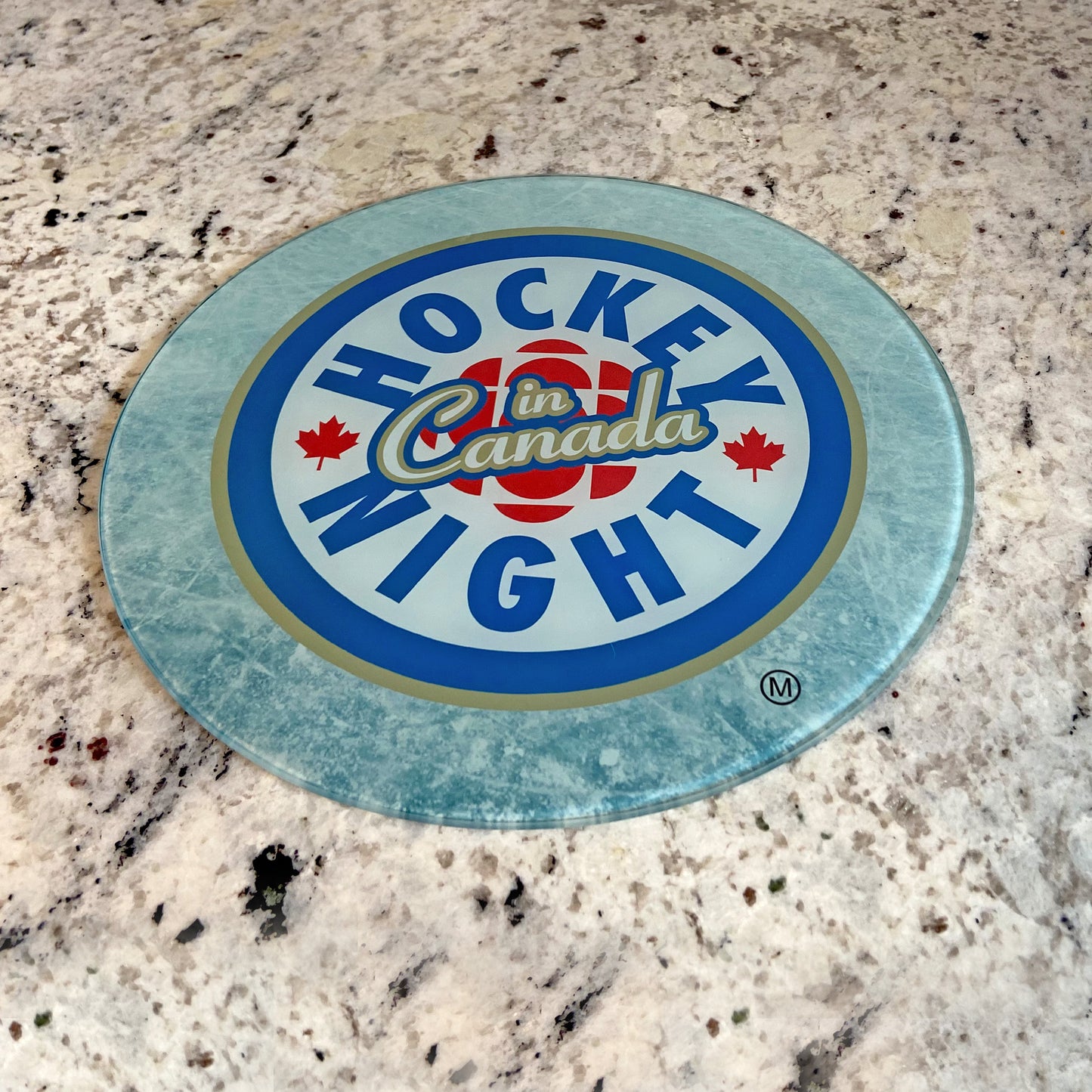 Tempered Glass Cutting Board (Round) - Hockey Night in Canada with Ice Background