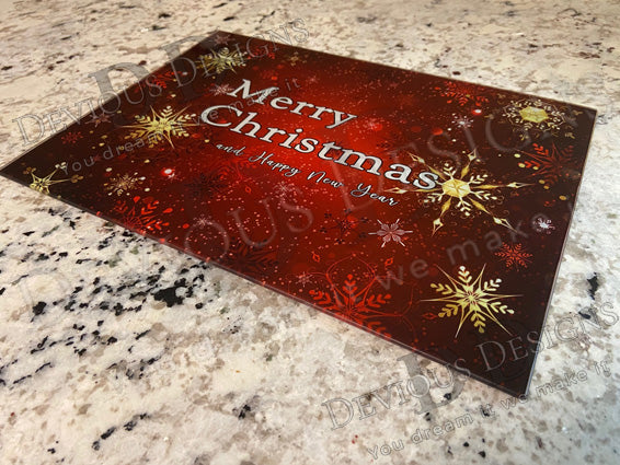 Tempered Glass Cutting Board - Merry Christmas with Red Background and stars - 11in x 14in