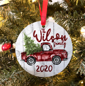 Red Truck with Family Name Ornament - Aluminum